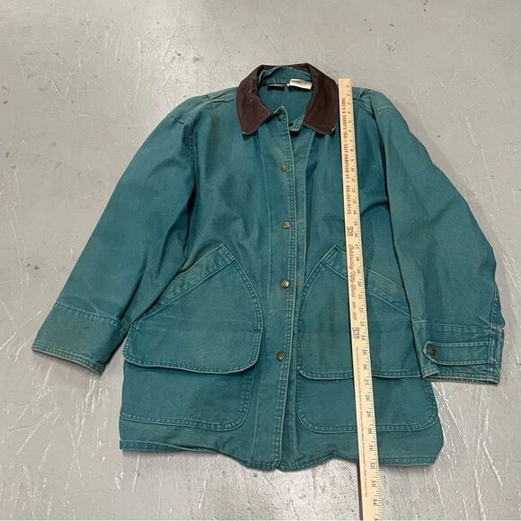 Vintage Woolrich Coat Women’s Made In USA Teal Chore Barn Leather Collar Large - Picture 4 of 8